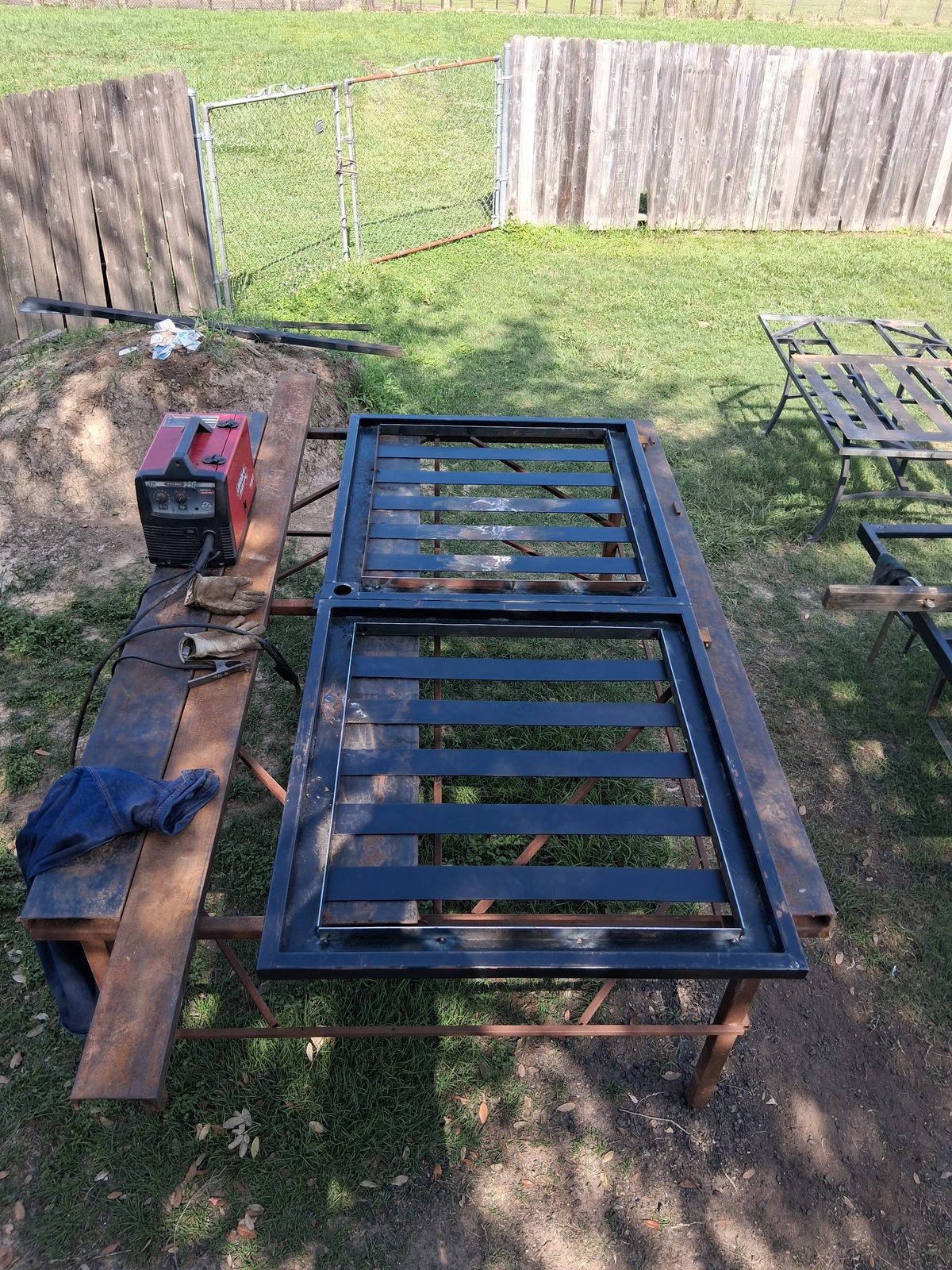 Steel gate panel being welded in the Affordable Texas Steel shop
